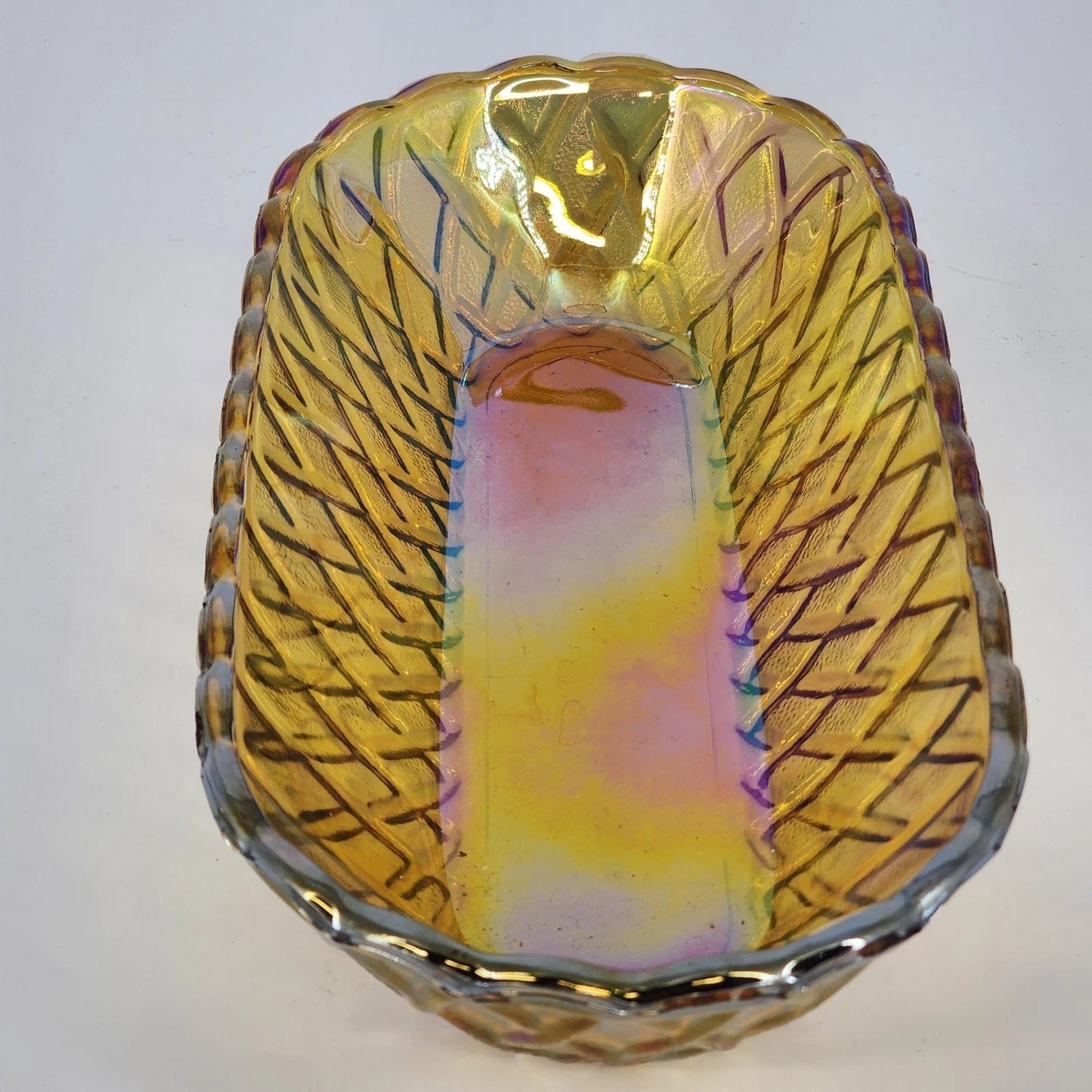 Amber Iridescent Carnival Glass Oval Serving Bowl Scalloped 10.5