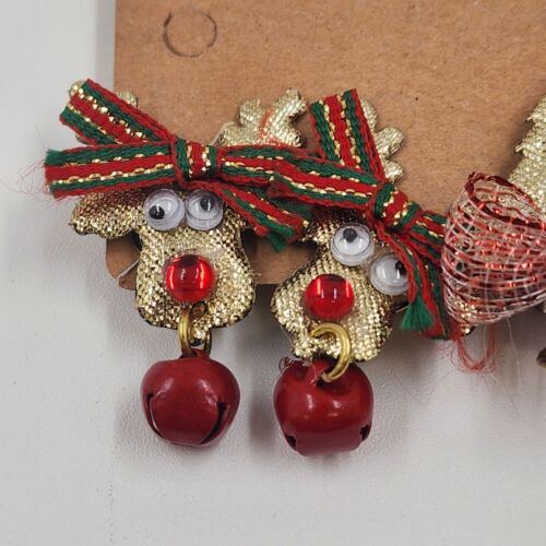 2 Pair Christmas Clip-On Earrings Gold Tone Christmas Tree & Reindeer 1.5" Long