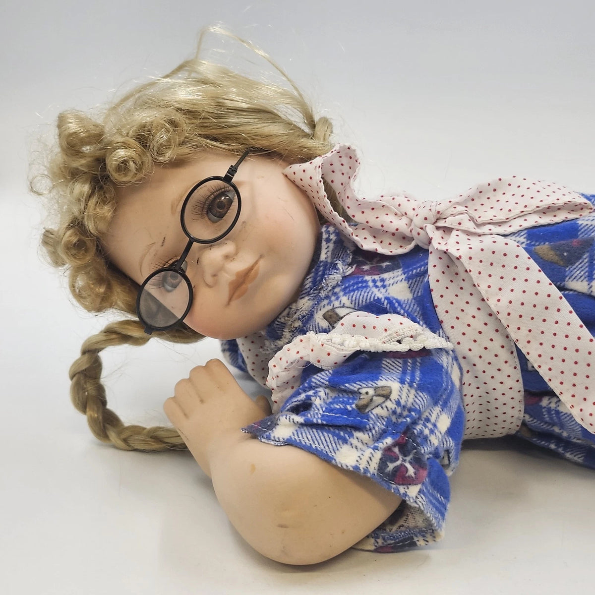 Porcelain Girl Doll Blonde Braids Glasses Blue Plaid Dress 14" Reclining Pose