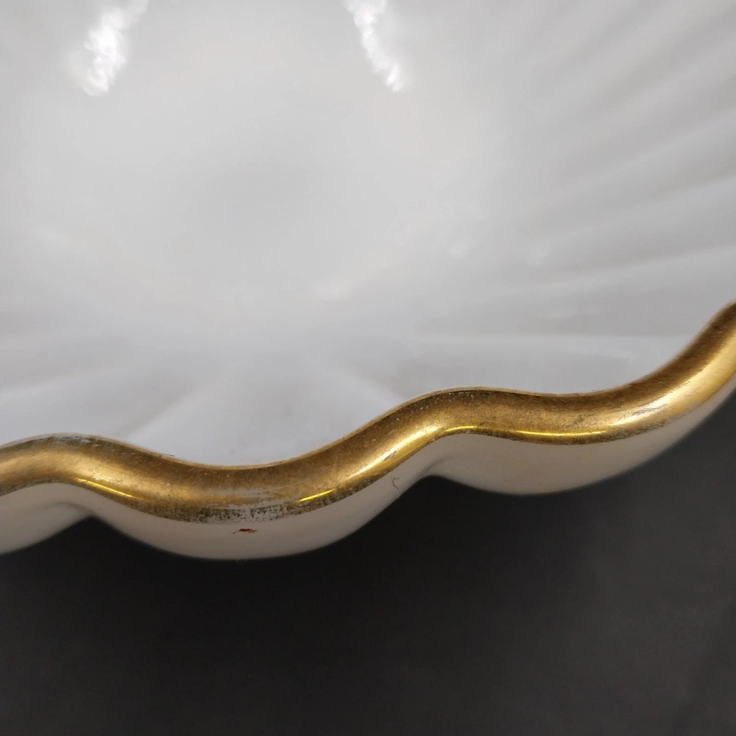Fire-King Rachel Serving Bowl 11" Milk Glass Scalloped Gold Rim Anchor Hocking