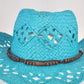 Something Special Turquoise Cowboy Hat Paper Straw Open Weave Brown Beads Boho