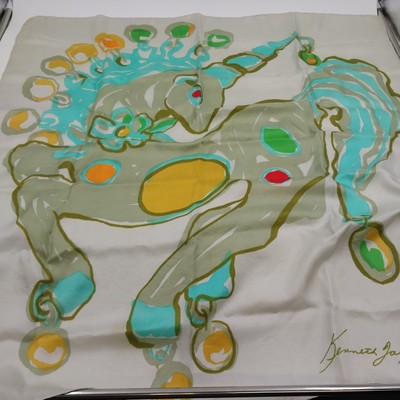 Kenneth Jay Lane Signed Unicorn Silk Scarf 31" Square Green Blue Jewel Japan