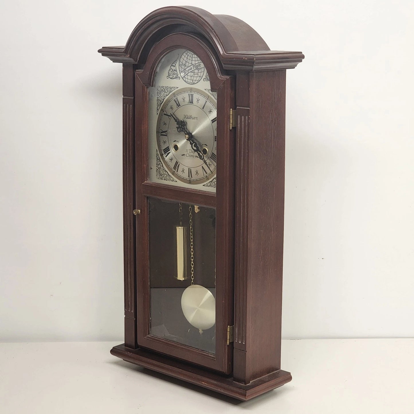 Waltham Tempus Fugit 31 Day Wall Clock Key Wind Pendulum Chime Wood 27.5" Vtg