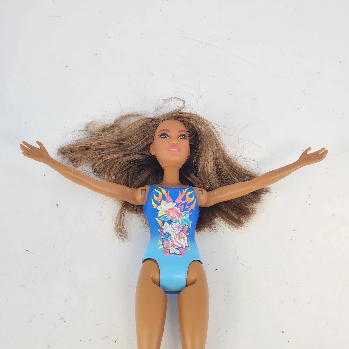 Barbie Beach Fashion Doll Brunette Blue Floral Swimsuit Mattel 2014