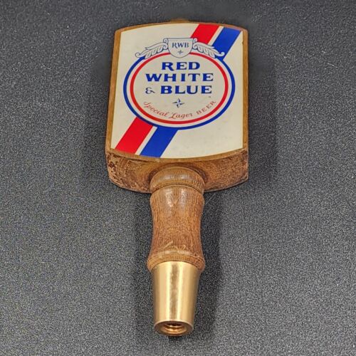 Red White & Blue Special Lager Beer Tap Handle Square Shaped Wood and Brass Vtg