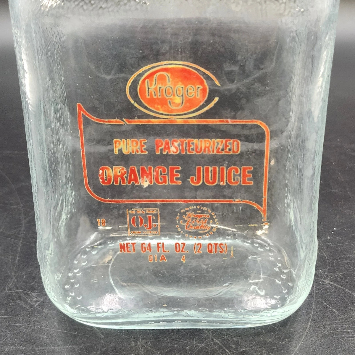 Kroger Orange Juice 64 Oz Empty Glass Bottle ACL Label Original Cap 2 Quart Vtg
