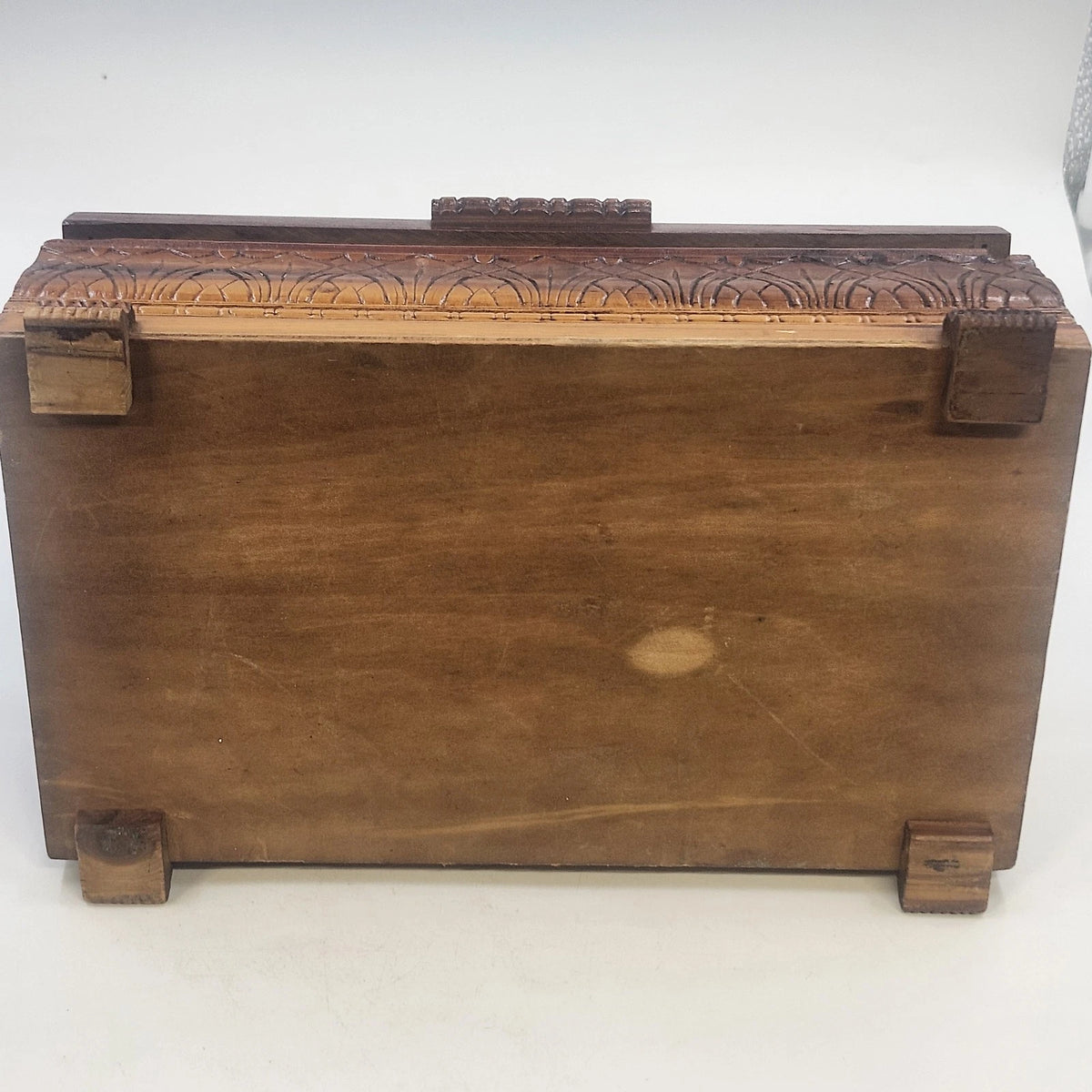 Jewelry Trinket Box 11" Carved Cedar Natural Wood Cottage Scene Footed Vintage