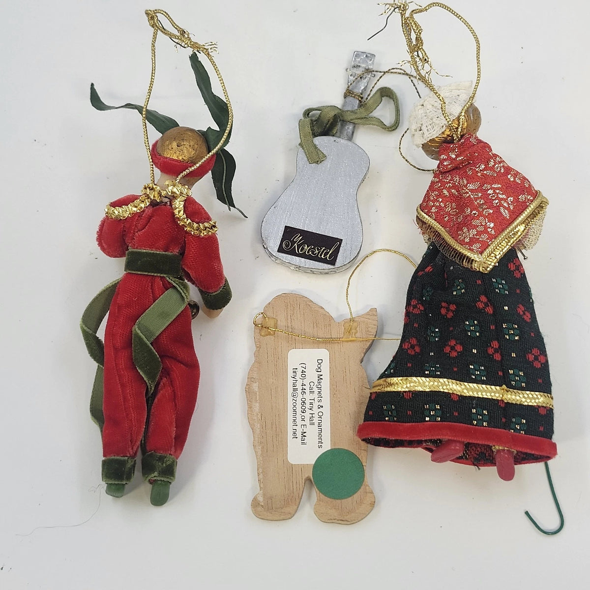 Christmas Ornaments Lot 4 Elf Knitting Lady Guitar Newfoundland Dog Mixed Media