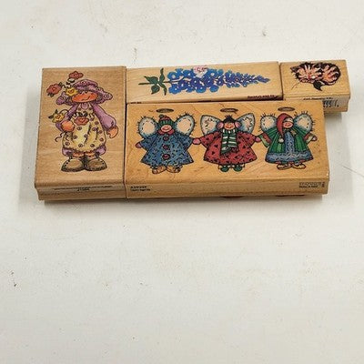 4 Wood Rubber Stamps Sleeping Kitty Country Angel Trio Flower Girl Bluebonnet