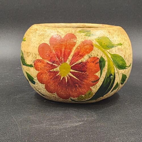 Mexican Clay Pot Terracotta Planter Art Pottery Floral Hand Painted Vintage 4"h