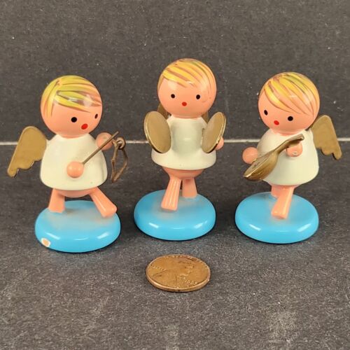 3 Wood Angel Musical Birthday Figurines Goula Spain Erzgebirge 2"T Vintage