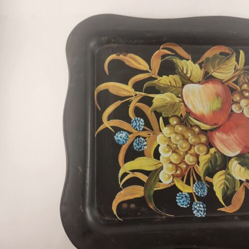 Metal Bed Lap TV Tray w Folding Legs Vintage Fruit Serving Apples Grapes Kitsch