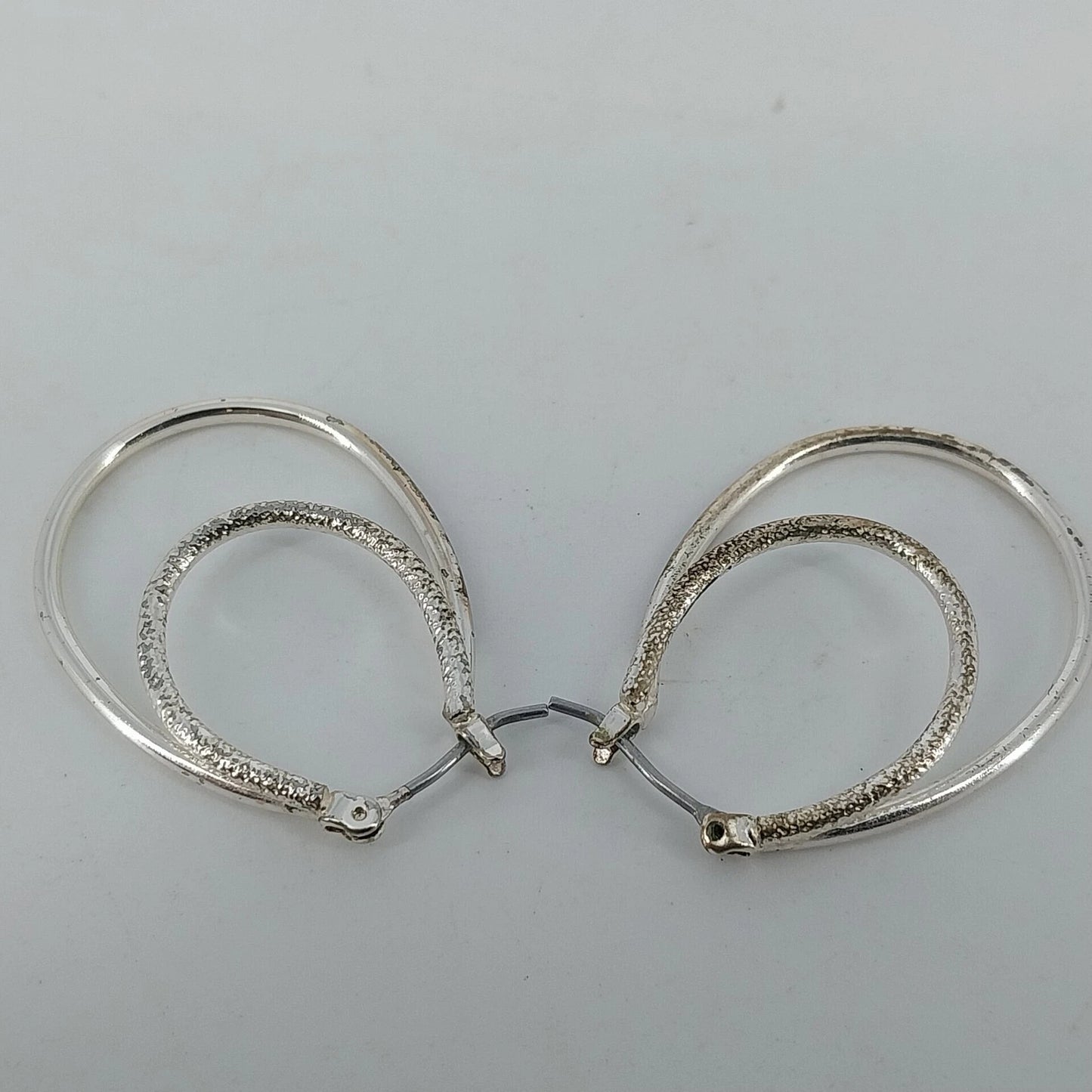 Silver Tone Double Oval Hoop Earrings Textured Inner Hoop Latch Back Jewelry
