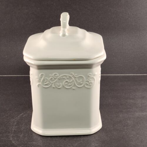 JC Penny Medium Canister and Lid Vintage Cream Pattern Creamy White 8.5" Tall