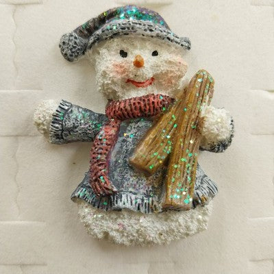 Holiday Snowman Brooch Pin Holding Logs w Neck Warmer Gray Hat Glittery Vintage