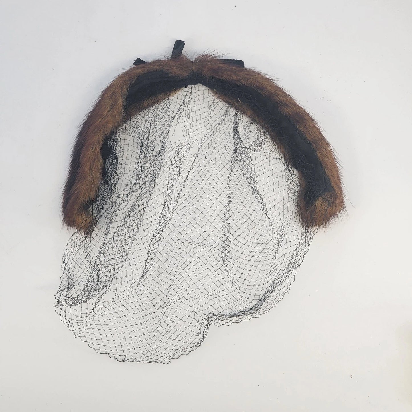 Mink Fur Pillbox Fascinator Net Veil Brown MCM Head Band Head Piece Vintage