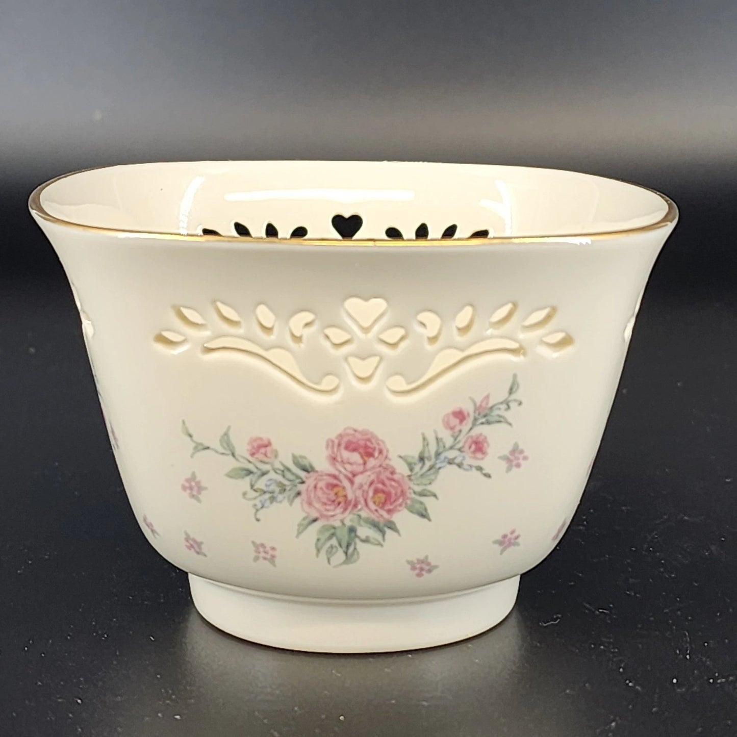 Lenox Petite Rose Trinket Bowl Cream Porcelain Lace Cut Out 24K Gold Trim 4.25"