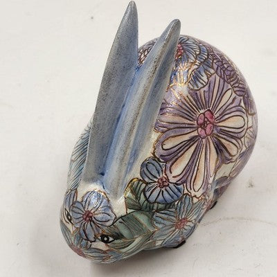 Ethan Allen Home Collection Ceramic Bunny Rabbit Figurine Pink Blue Floral 6"x3"