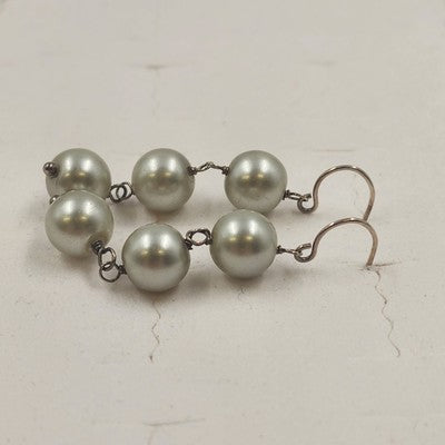 Sterling Silver 925 Triple White Gold Faux Pearl Dangle Drop Earrings 2"