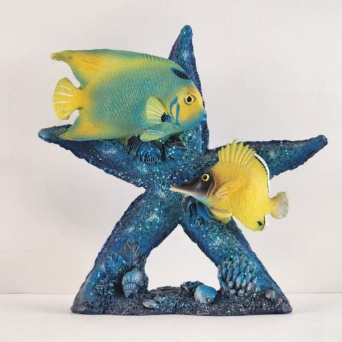 Tropical Fish Resin Figurine Starfish 2 Yellow Blue Fish Coral Base 5.5" Tall