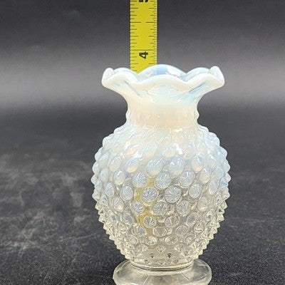 Fenton Moonstone Hobnail Clear White Opalescent Bud Vase 3.75" Ruffle Edge Vtg