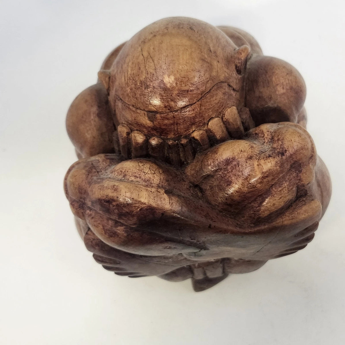 Hand Carved Wood Weeping Buddha Orang Malu Rustic Figurine 4" Meditation Pose