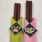 Japanese Wood Chopstick 3 Sets Kokeshi Doll Rest Butterfly Fabric Pouch Gift Vtg