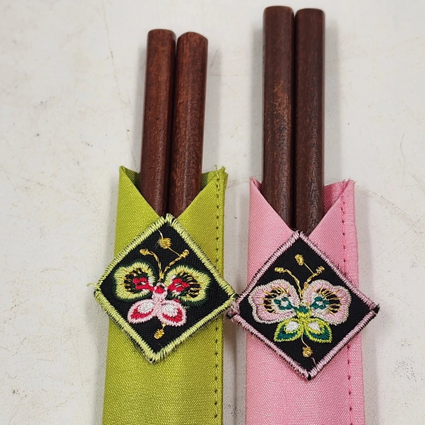 Japanese Wood Chopstick 3 Sets Kokeshi Doll Rest Butterfly Fabric Pouch Gift Vtg