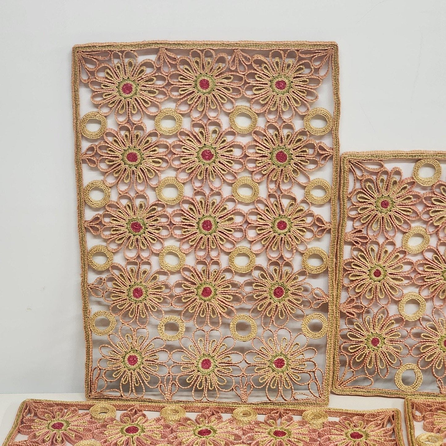 Raffia Ratan Sunburst Placemats Set 4 Boho Woven Orange Red Yellow Table Decor 17.5"