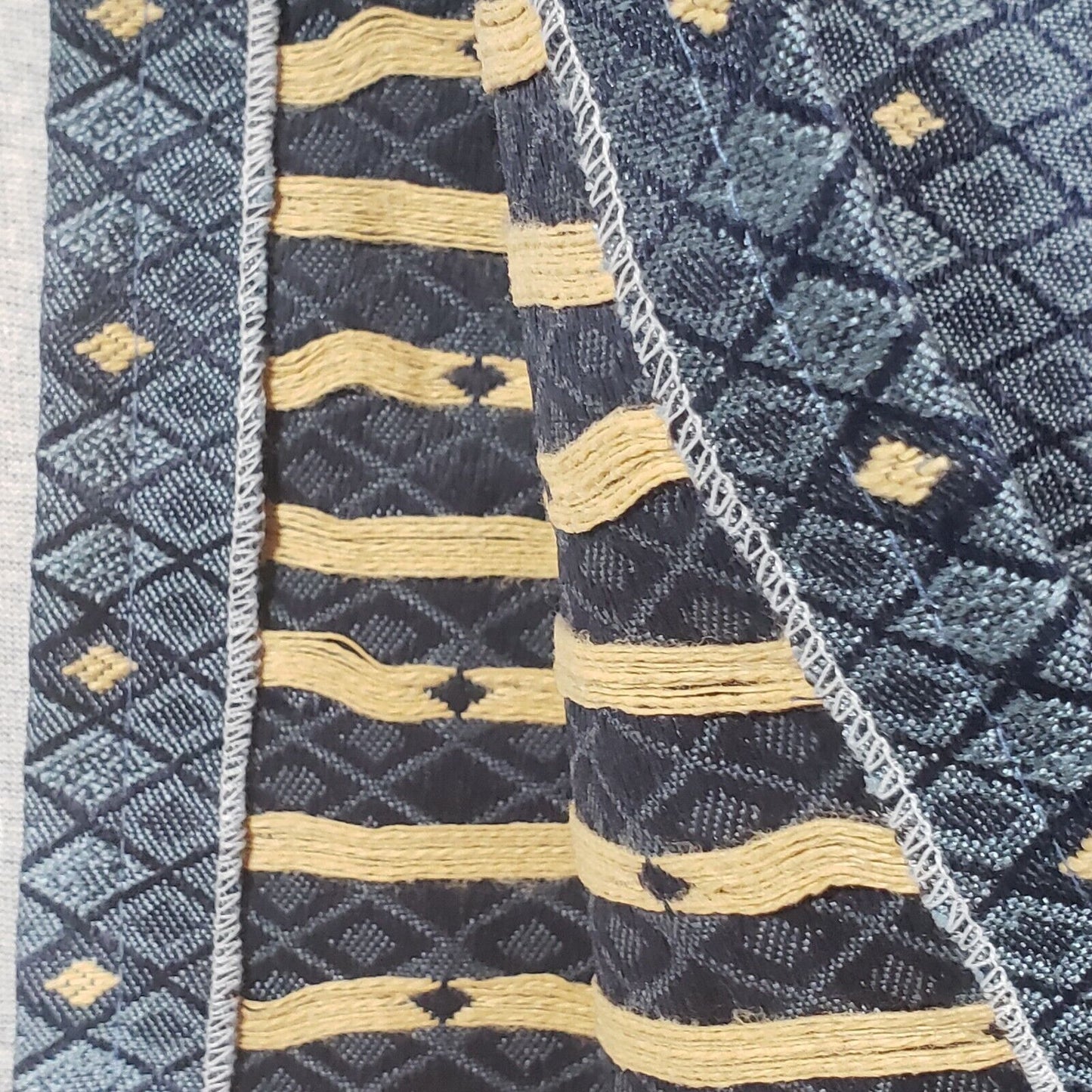 Long Blue Upholstery Table Runner 112x18 Heavy Fabric Tan Pattern