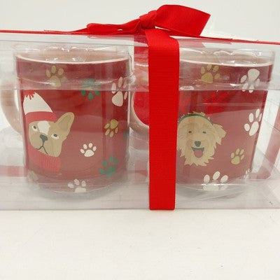 2 Christmas Coffee Mugs North Pole Trading Co Red Dog & Footprint w Box