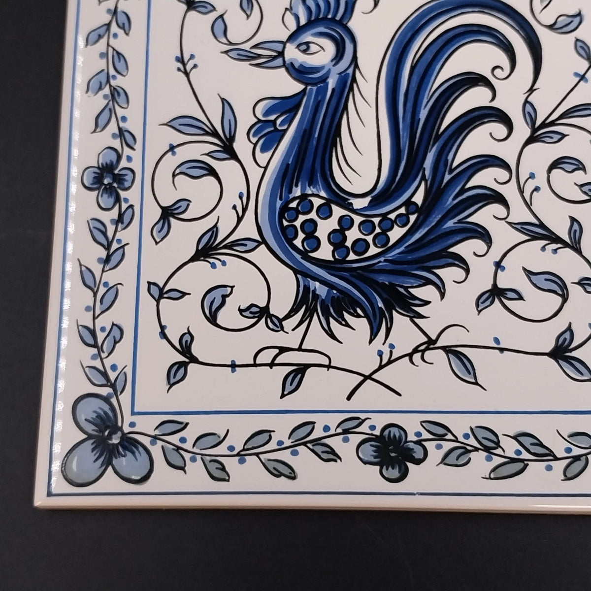 Outeiro Agueda Rooster Ceramic Tile Hand Painted Blue Azulejo Forrado Portugal