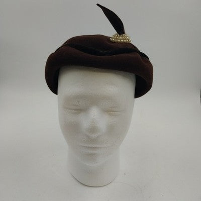 Genuine Velour Ladies Brown Felt Hat with Leaf and Round White Pearl Accent