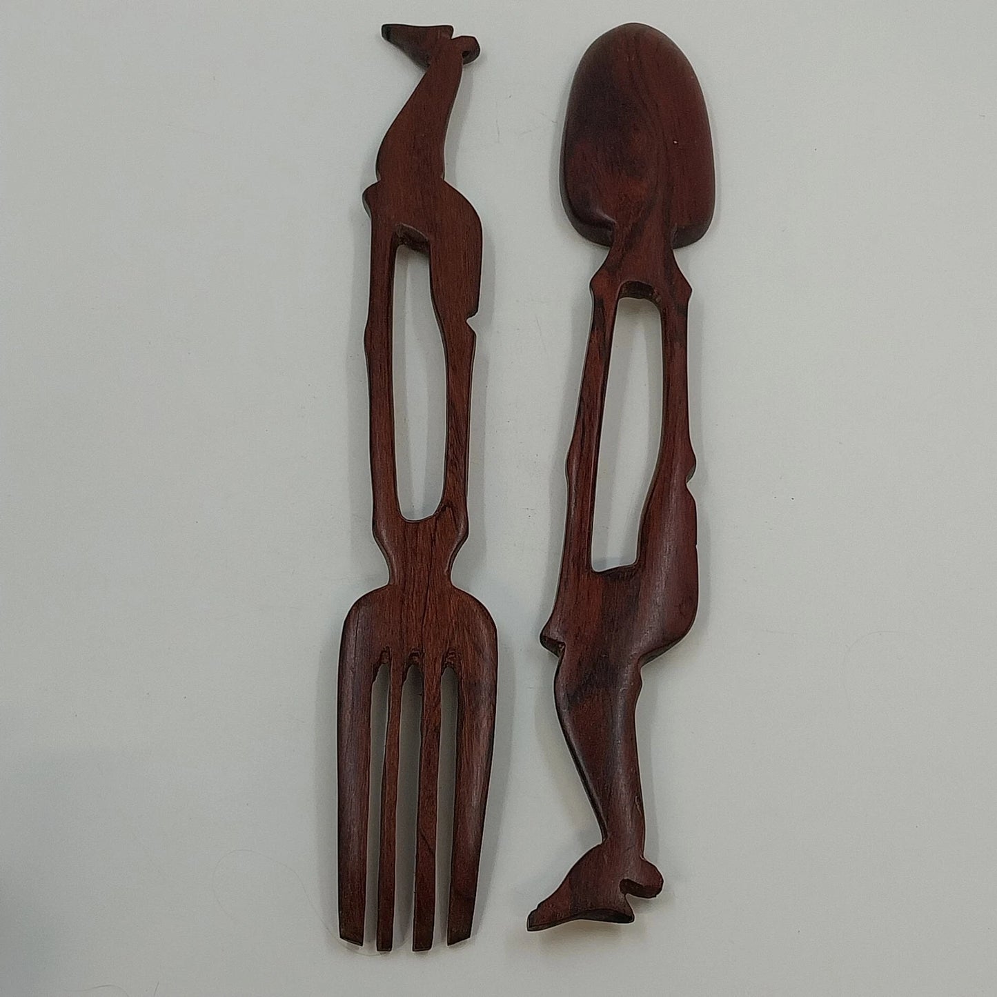 South African Hand Carved Wood Giraffe Salad Serving Fork Spoon Set Brown 13"