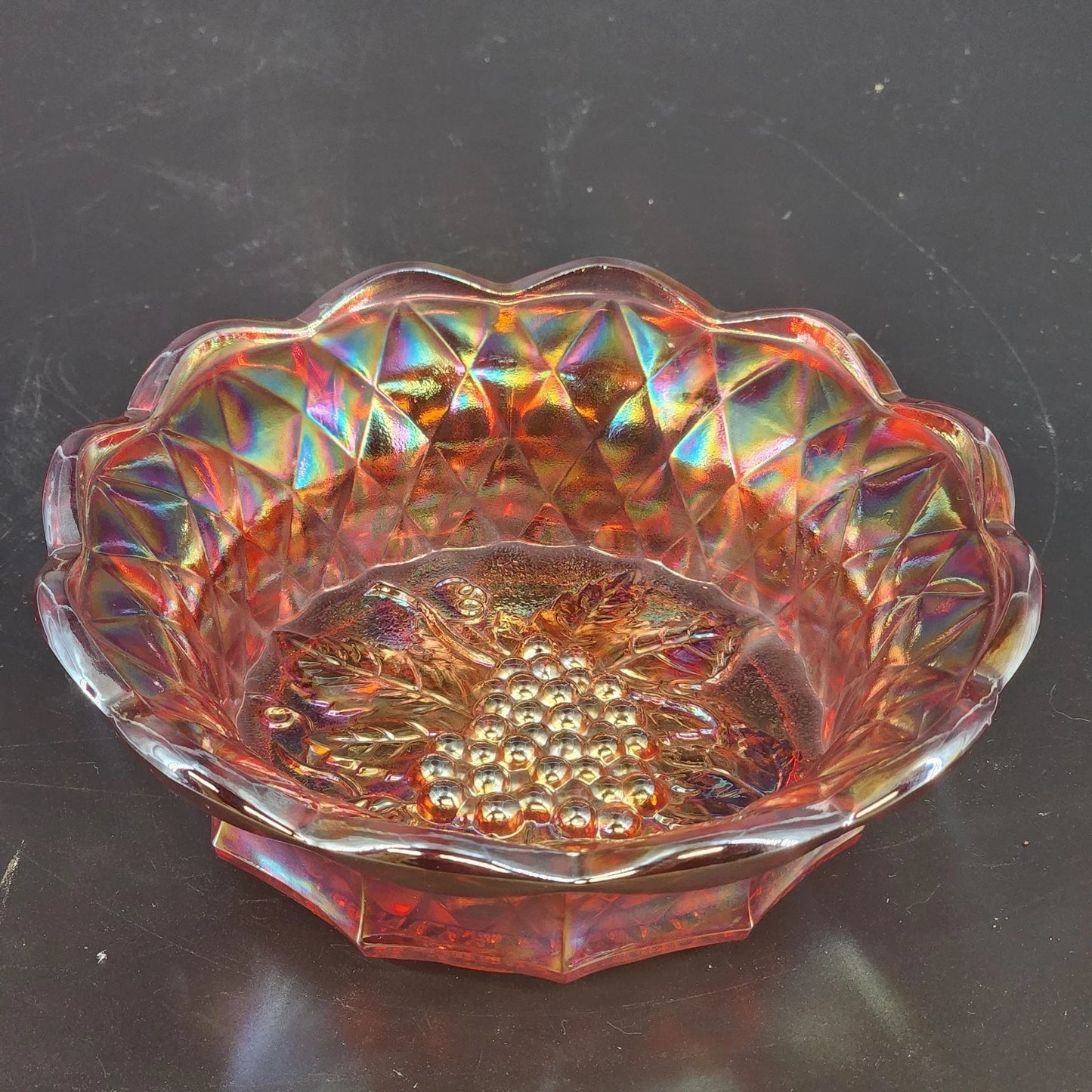 Fenton Marigold Carnival Glass Bowl Grape Cable Iridescent Scalloped Edge 6" Vtg