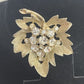 Gold Tone Leaf Brooch with Clear Rhinestones Brushed Finish 1.5" x 2" Vintage