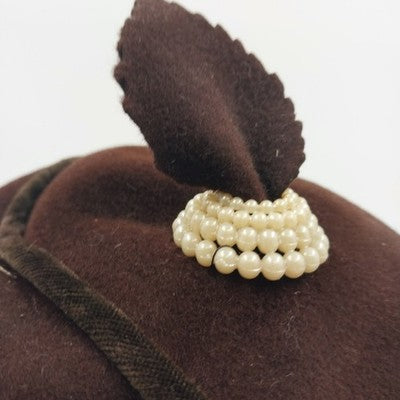 Genuine Velour Ladies Brown Felt Hat with Leaf and Round White Pearl Accent