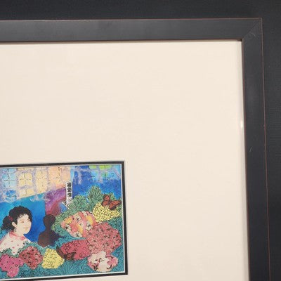 Asian Lady in Flower Shop Art Print 7x5" White Matted Black Wood 20.5"x19" Frame
