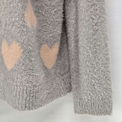 LC Lauren Conrad Women’s sweater Grey Pink Fuzzy Heart Large Size Long Sleeve