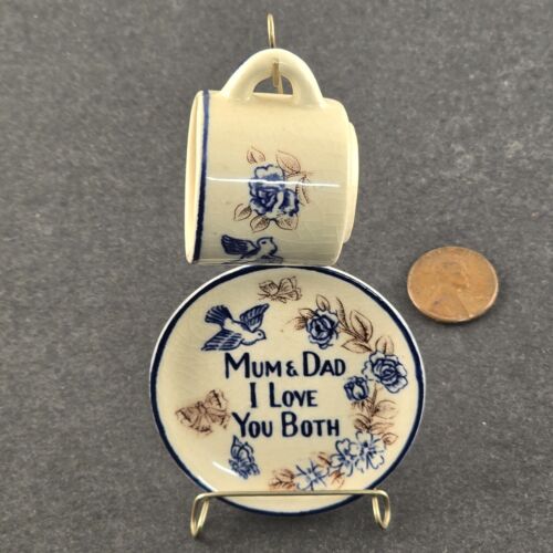 Miniature Cup Saucer Mum Mom Dad Love England Ceramic China Bluebird Mothers Day