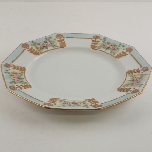 Tirschenreuth Bavaria Decagon Salad Plate Blue Border Enameled Flowers Gold Trim