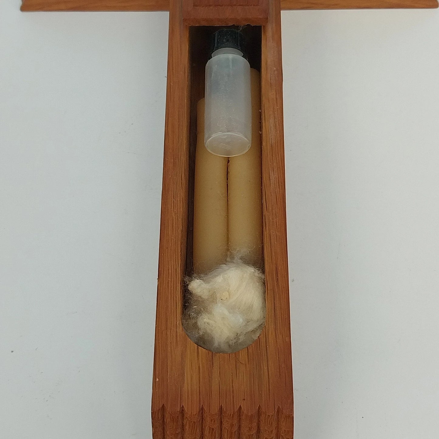 Hand Carved Catholic Sick Call Crucifix Holy Water Candles Wall Cross 2-Piece