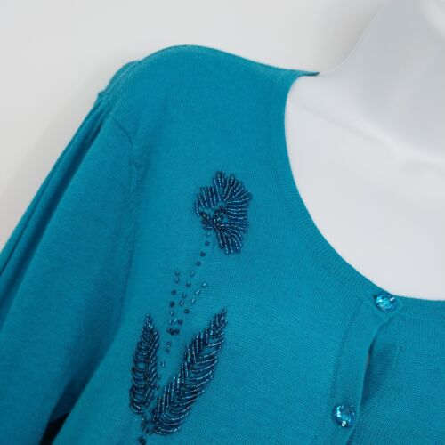 Vertical Designs Blue Sweater Cardigan Button Long Sleeve Beaded Floral Large