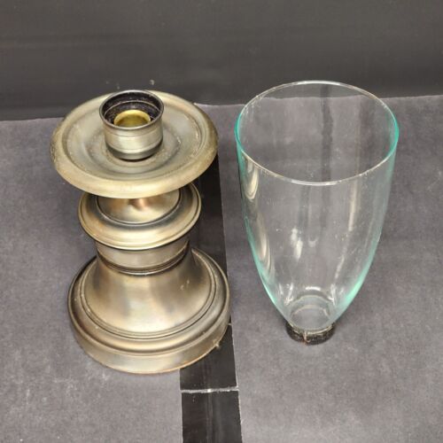 Pewter Bell Shaped Metal Candlestick Holder Clear Glass Hurricane Chimneys 17"