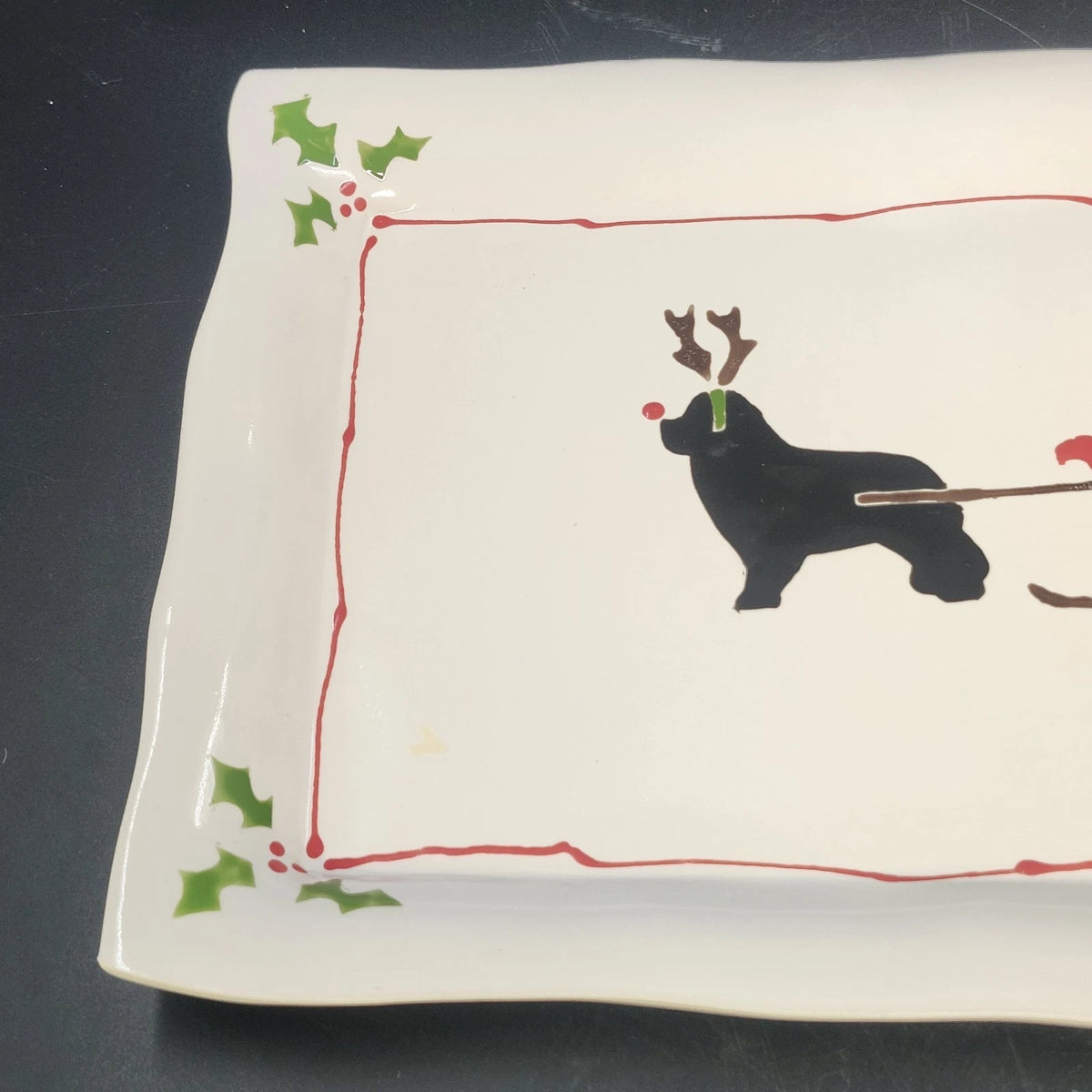 Prairie Dog Pottery Newfoundland Reindeer Sleigh Christmas Platter 14.5"