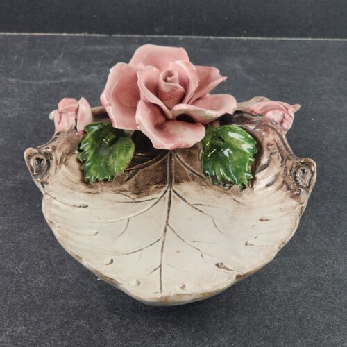 Capodimonte Large Rose Flower with Leaf Candy Dish Vintage Made in Italy 9" Long