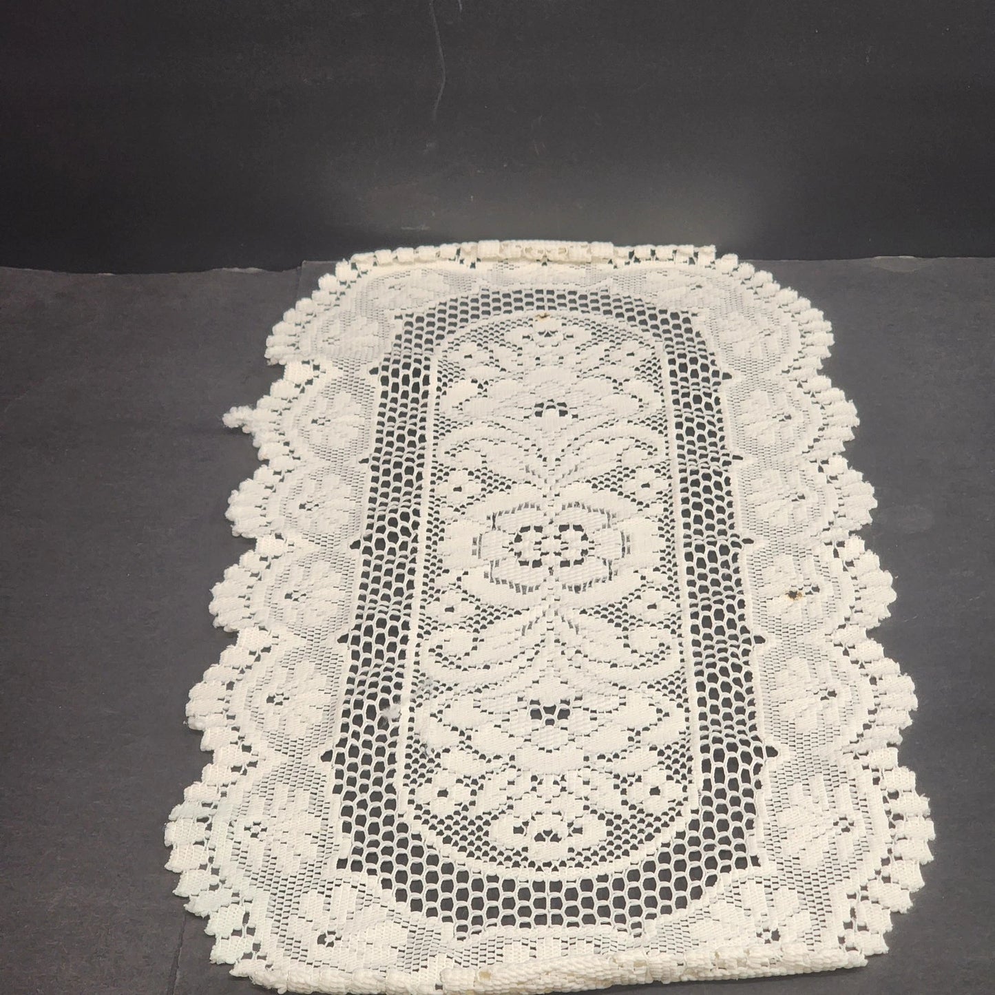 Lace Table Runner Scarf Oval Doily Off White Floral Crochet 30x14 Minor Flaws