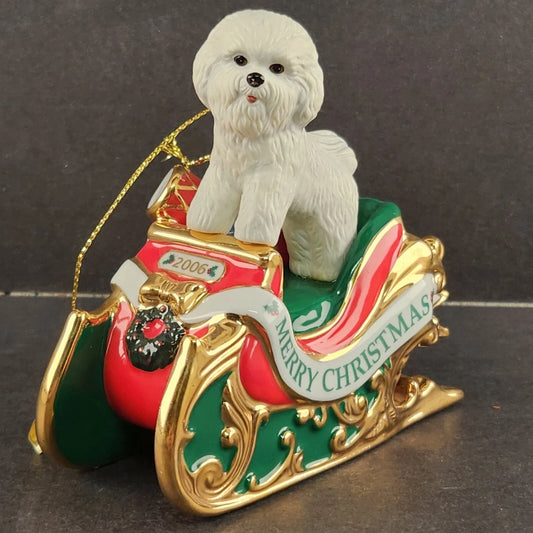 Danbury Mint 2006 Santa’s Helper Bichon Frise Dog Sleigh Christmas Ornament Vtg