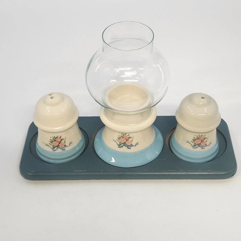 Floral Ceramic Salt Pepper Shakers Candle Holder Tray Set Cottage Taiwan Vintage