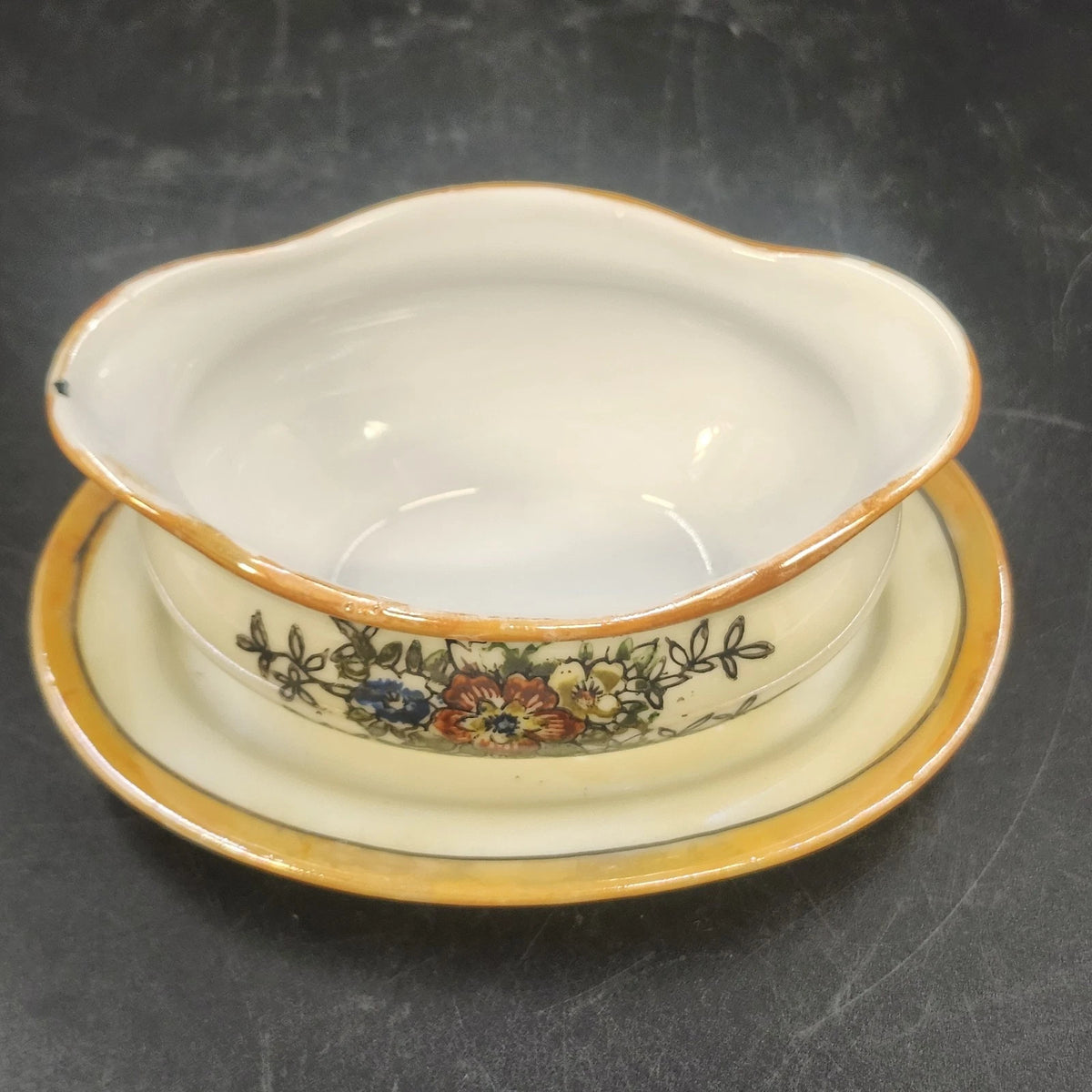 Porcelain Gravy Boat w Underplate 4.5" Floral Cream Orange Gold Trim Japan